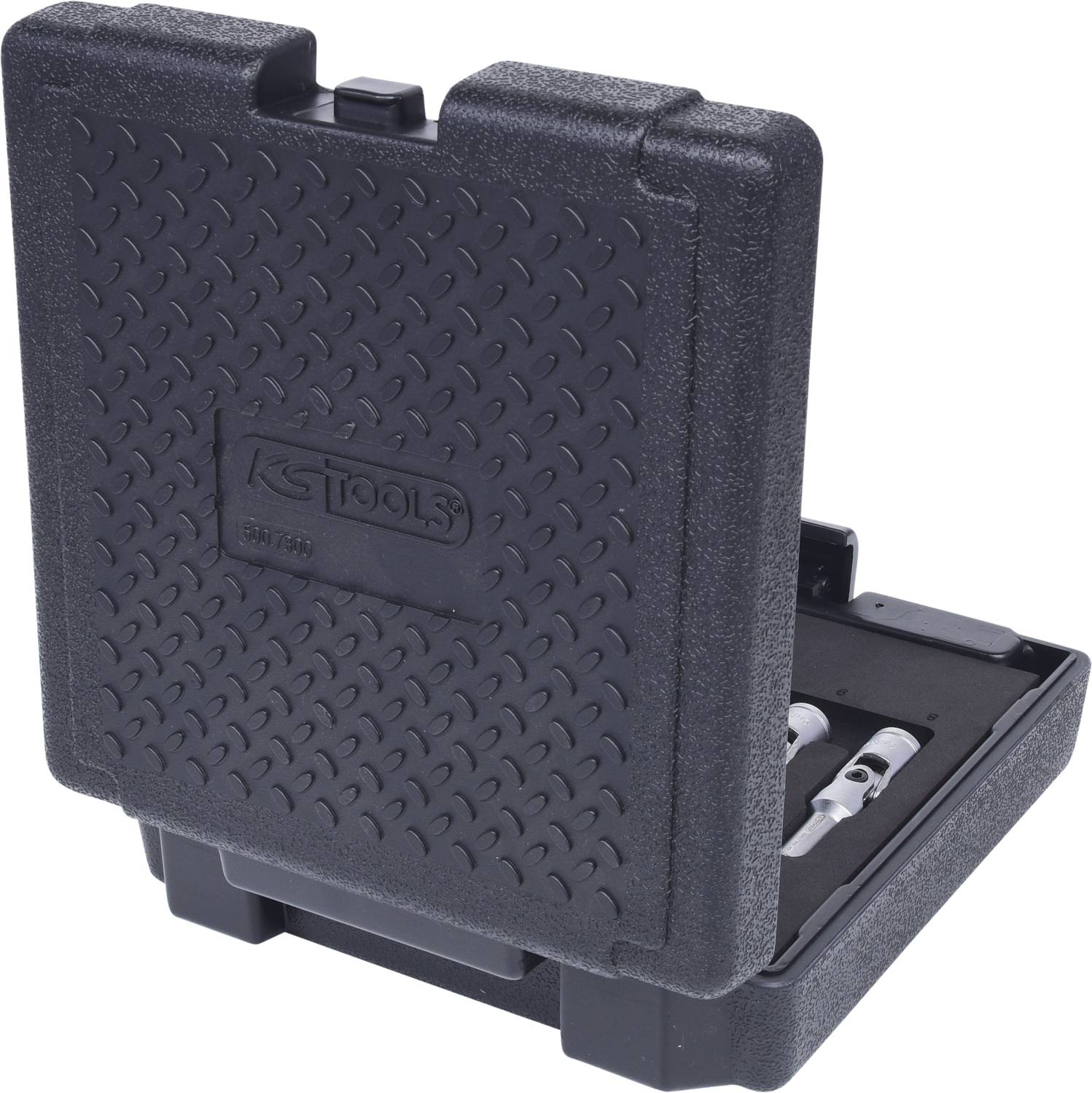 'KS Tools' tool case made of black plastic, slightly open, revealing parts of a tool set inside.