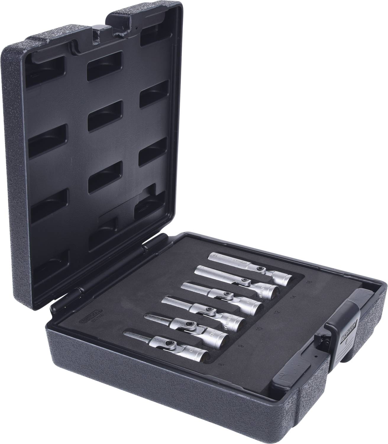 A set of six socket wrenches in an open, black plastic case. The socket wrenches are arranged in a foam insert.