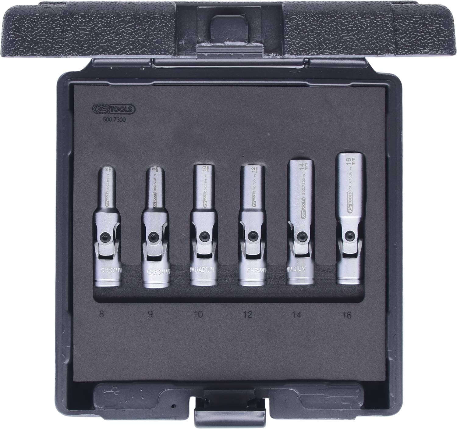 A black tool case contains six socket nuts in various sizes, suitable for use with spanners.