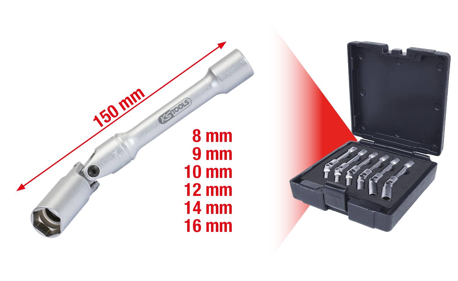 Torque wrench set with six sizes (8, 9, 10, 12, 14, 16 mm) in a black case. One wrench measures 150 mm.