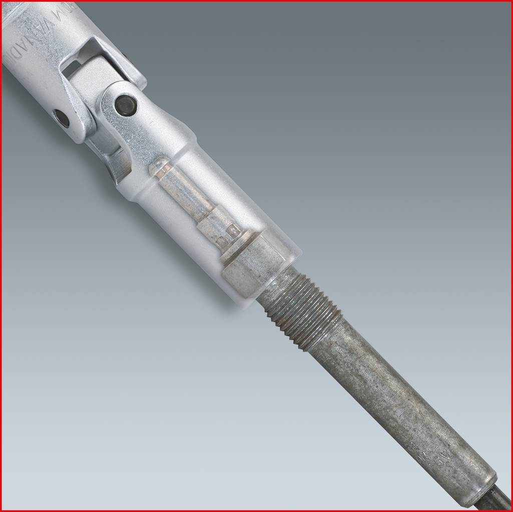 A metallic drive shaft, consisting of a rotatable joint and a long shaft, against a grey background.
