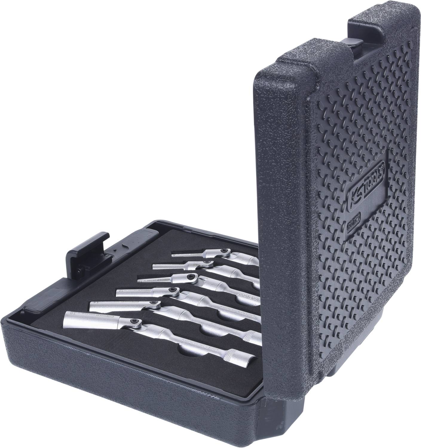 An open black briefcase containing six silver drill bits neatly arranged side by side in a foam compartment.