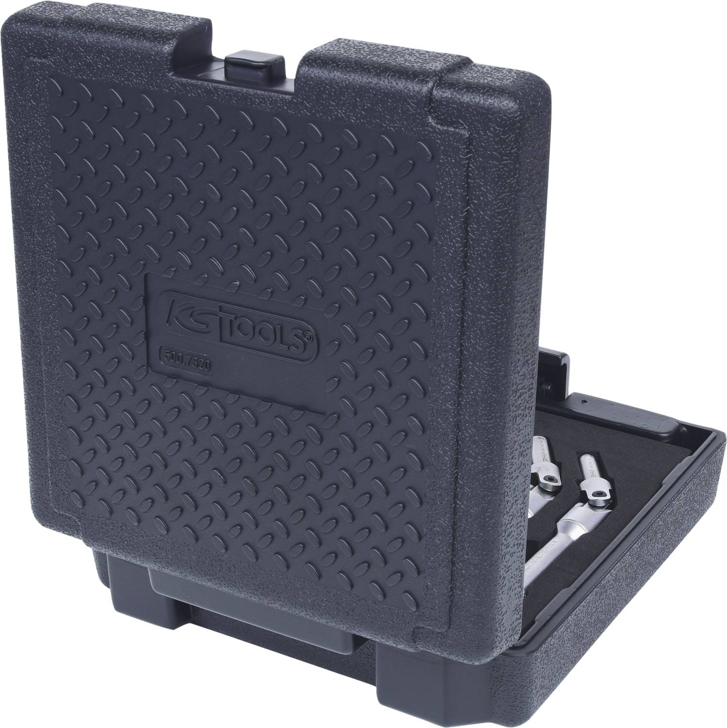 Black tool case opened, showing interior view with three structured socket keys.