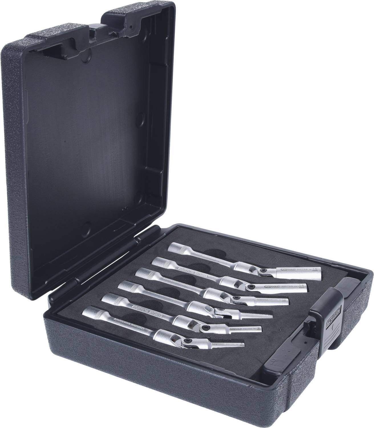 A black case with six silver drill chisels arranged in an orderly manner.