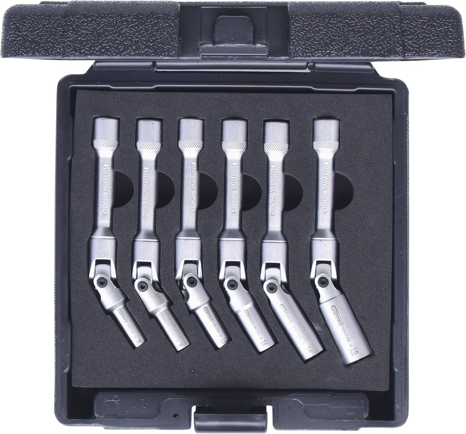 Tool kit with six precise ball-and-socket joints of different sizes, arranged side by side in a protective plastic case.