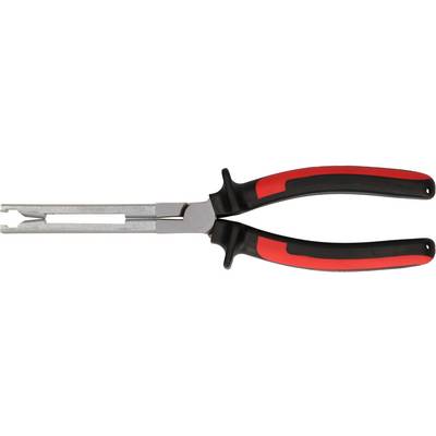 A red and black pair of pliers with a flat end and wide grip, commonly used for device repairs.