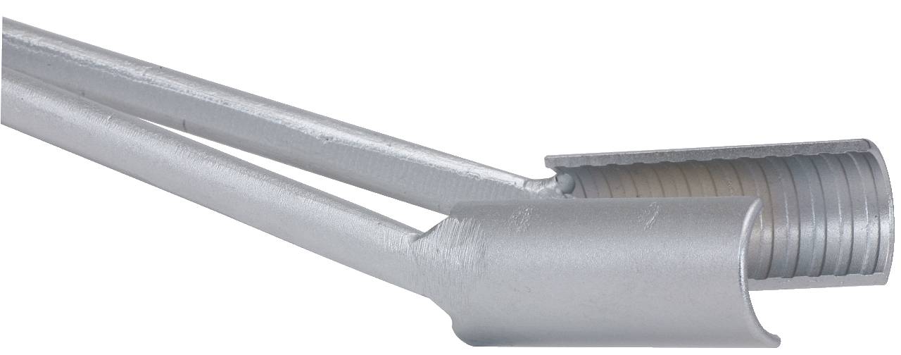 Two silver steel tubes, one of them partially cut open, reveal the internal threading. The tubes are arranged parallel to each other.