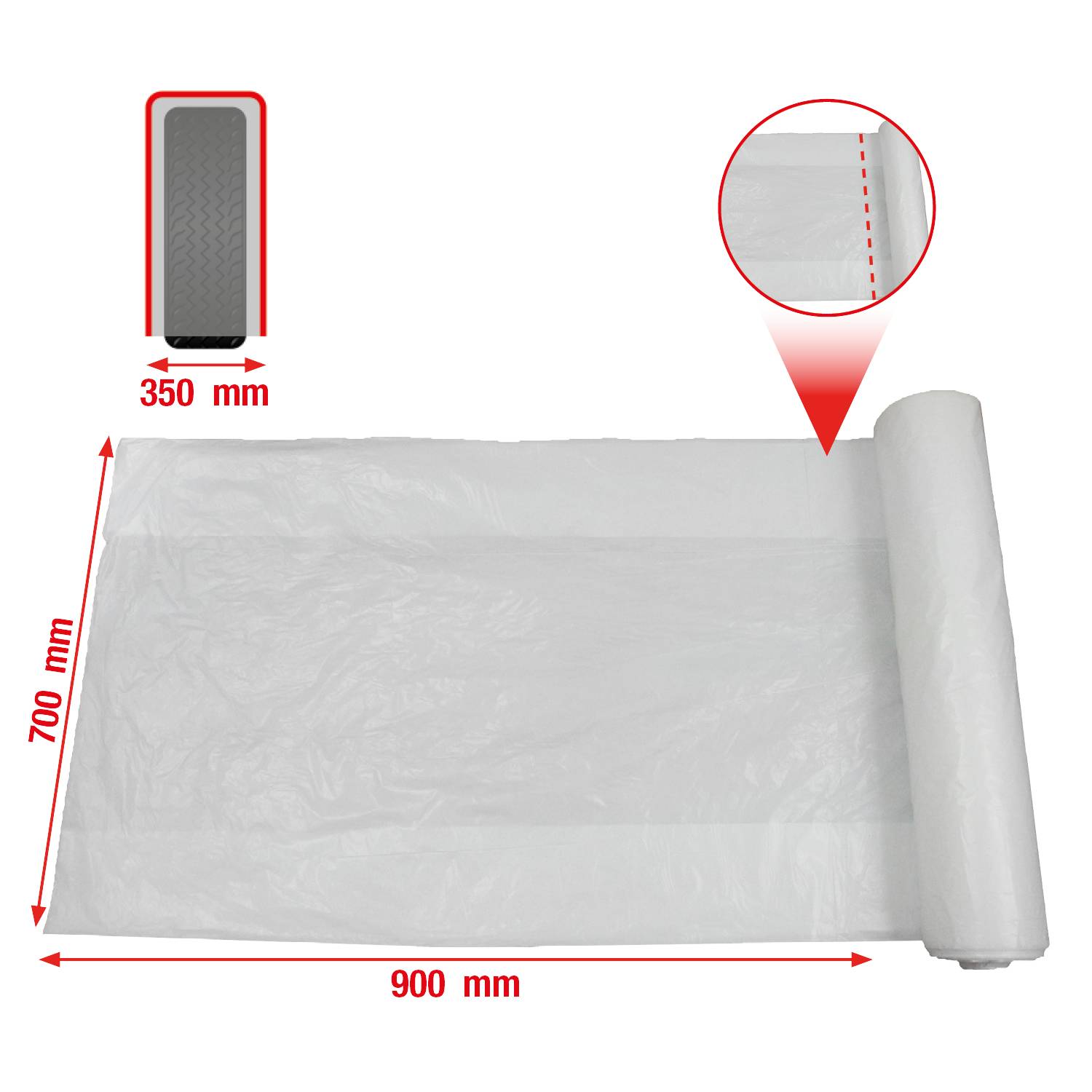 'Dimensions of a white bag: 700 mm height, 900 mm width; roller diameter 350 mm.'