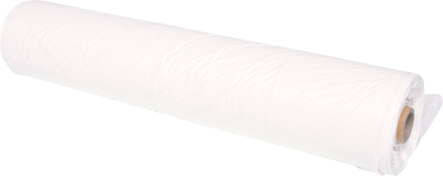 A large roll of white plastic film, unrolled and lying on its side, visible against a white background.