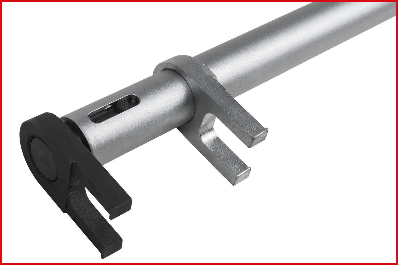 Metal rod with a hook, possibly part of a tool or device. Silver and black, with a slender, functional design.