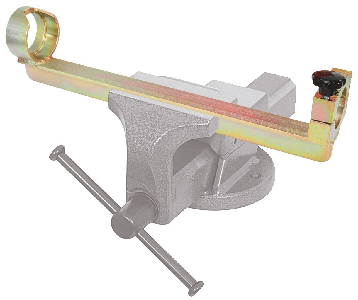 Metal spanner mounted on a workbench, holding a long metal piece parallel to the surface. Suitable for precise work and stability.