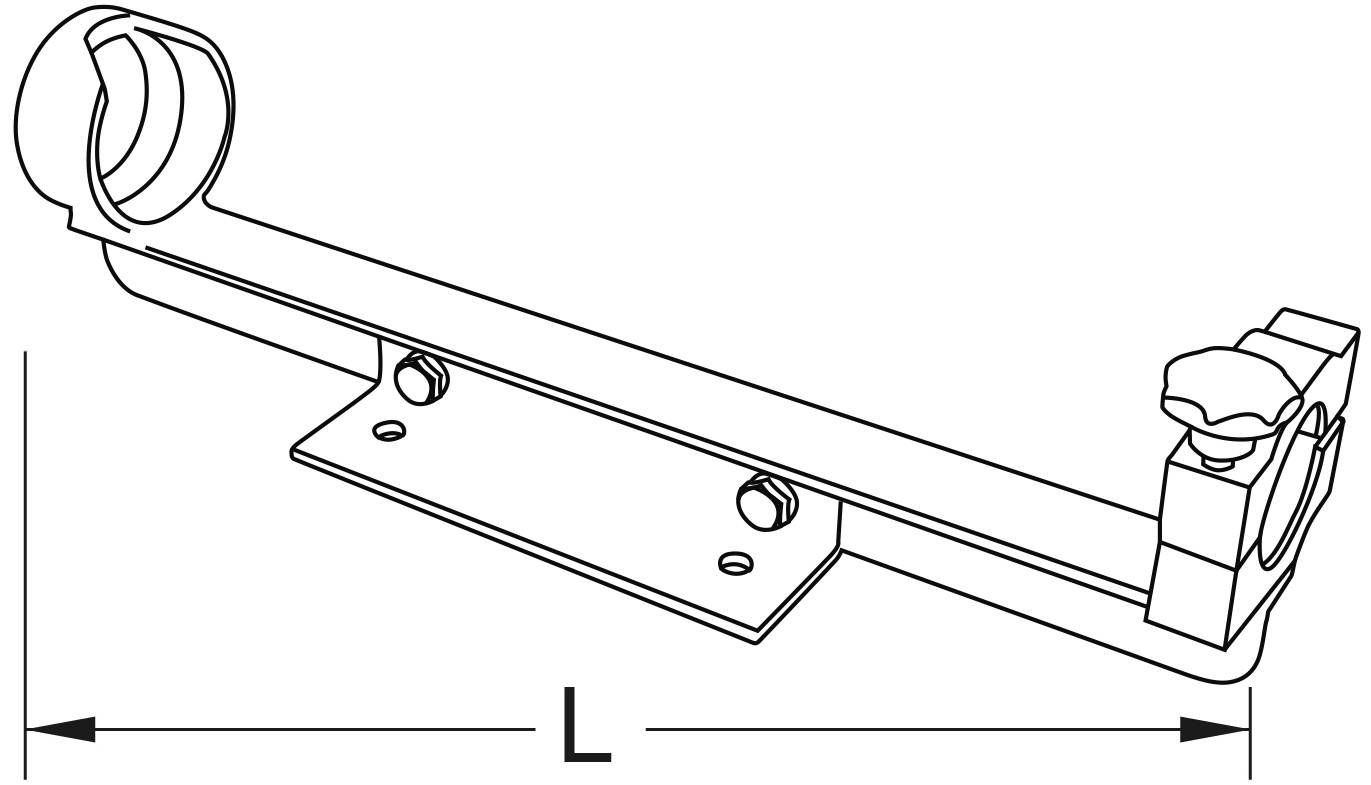 Technical drawing of a mounting bracket with clamping screw and pipe holder. Shows dimensions, screw positions, and form details.