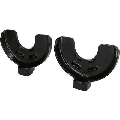 Two black, C-shaped metal brackets positioned side by side, likely for industrial use or as components of a machine.