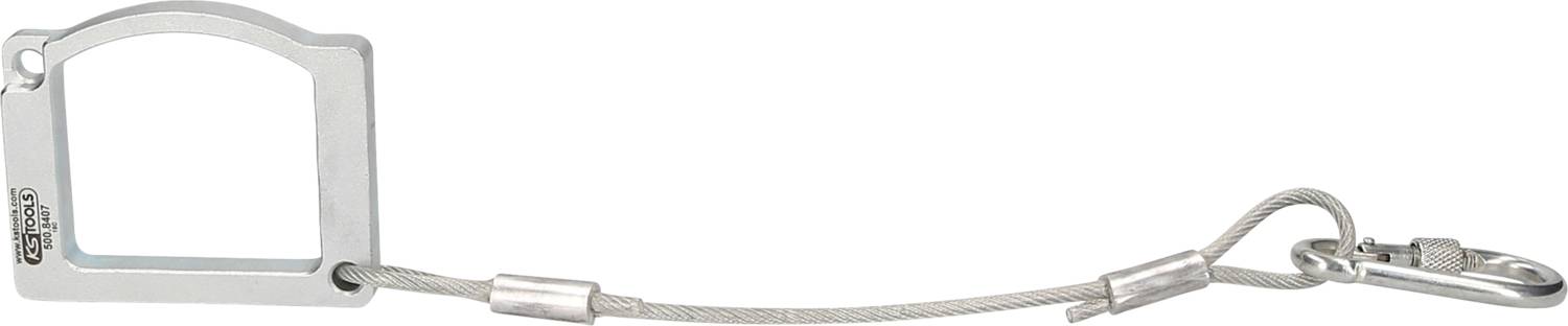 Silver carabiner hook with rope loop and snap closure. Suitable for attaching objects or as a keyring.