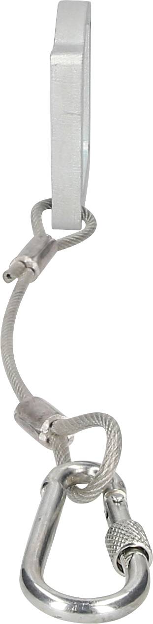 A silver keyring with a flat rectangular shape and a carabiner hook, connected by a flexible metal cable loop.