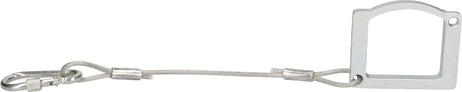 A square metal bottle opener made of metal with a short steel cable and carabiner hook, ideal for attaching to keyrings.