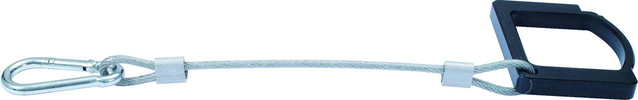 Safety lanyard with carabiner hook and rectangular handle, used for securing items or equipment.