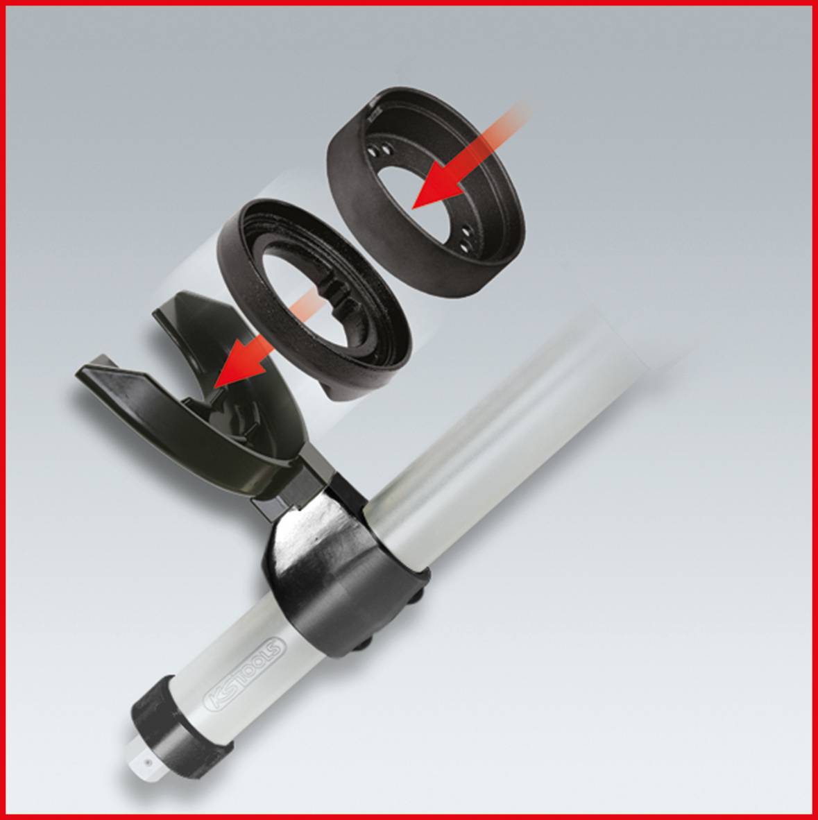 A technical drawing shows a two-stage sleeve with arrows indicating assembly. A mechanical component is attached below.