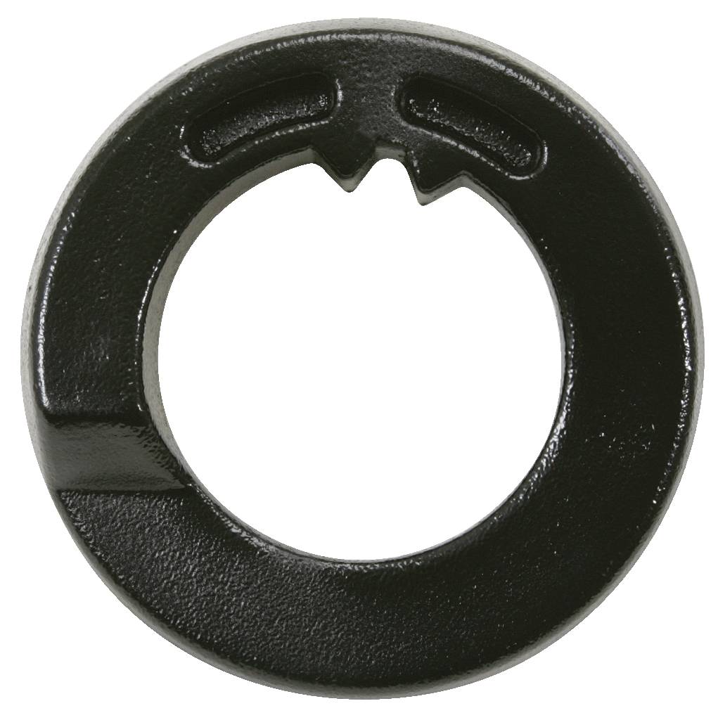 Round, black metal part with a large, circular opening in the centre and two side recesses at the upper edge.