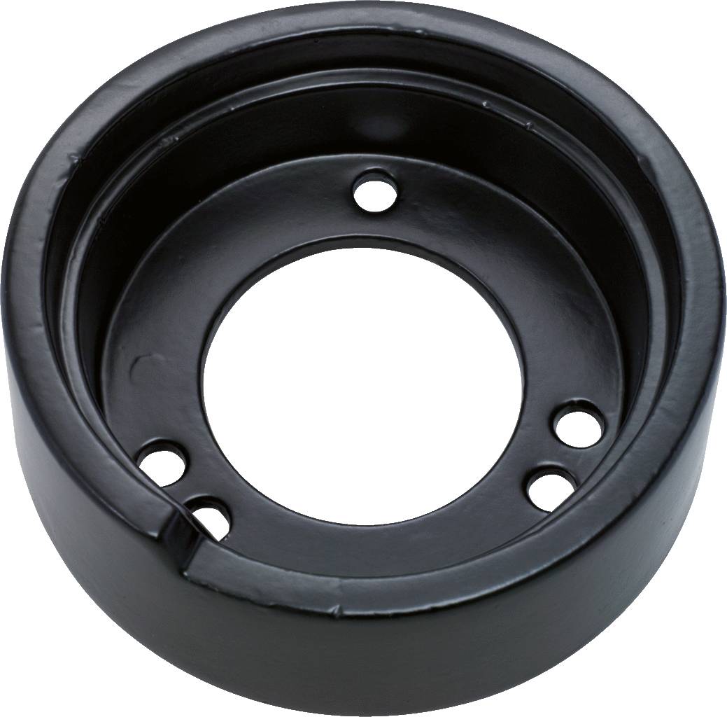 A black metal ring with several holes evenly distributed, presumably a machine part or a mounting bracket.