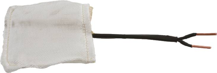 A rectangular, white fabric object with two protruding black and copper-coloured wires, possibly a heating element.