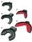 'Five black and red plastic clips in various angles and shapes; A, B, D, F, G are marked for identification.'