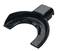 A black, metallic component with a curved design, possibly a mechanical or industrial part.