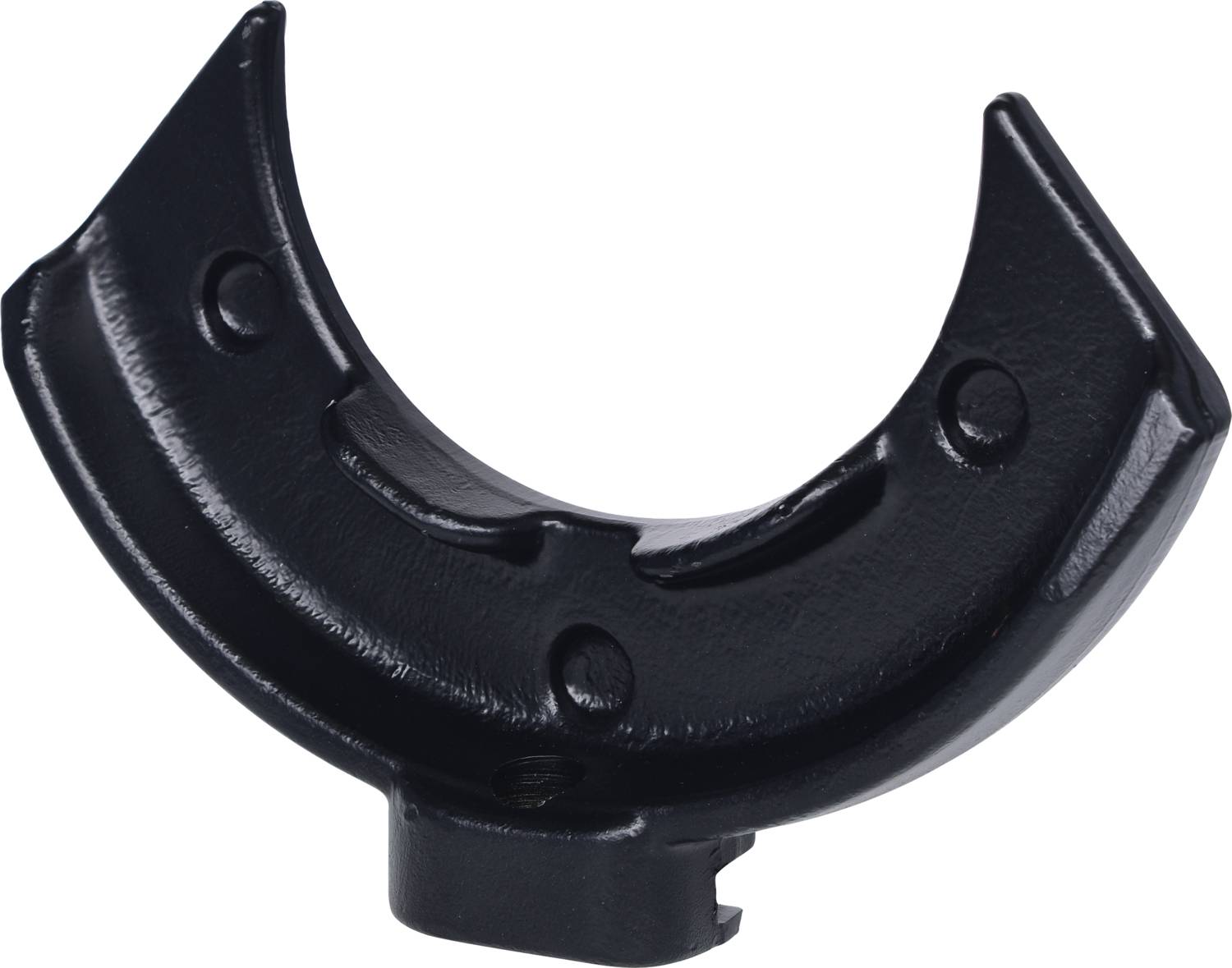 Black, half-moon shaped metal component, likely part of a mechanical or industrial system.