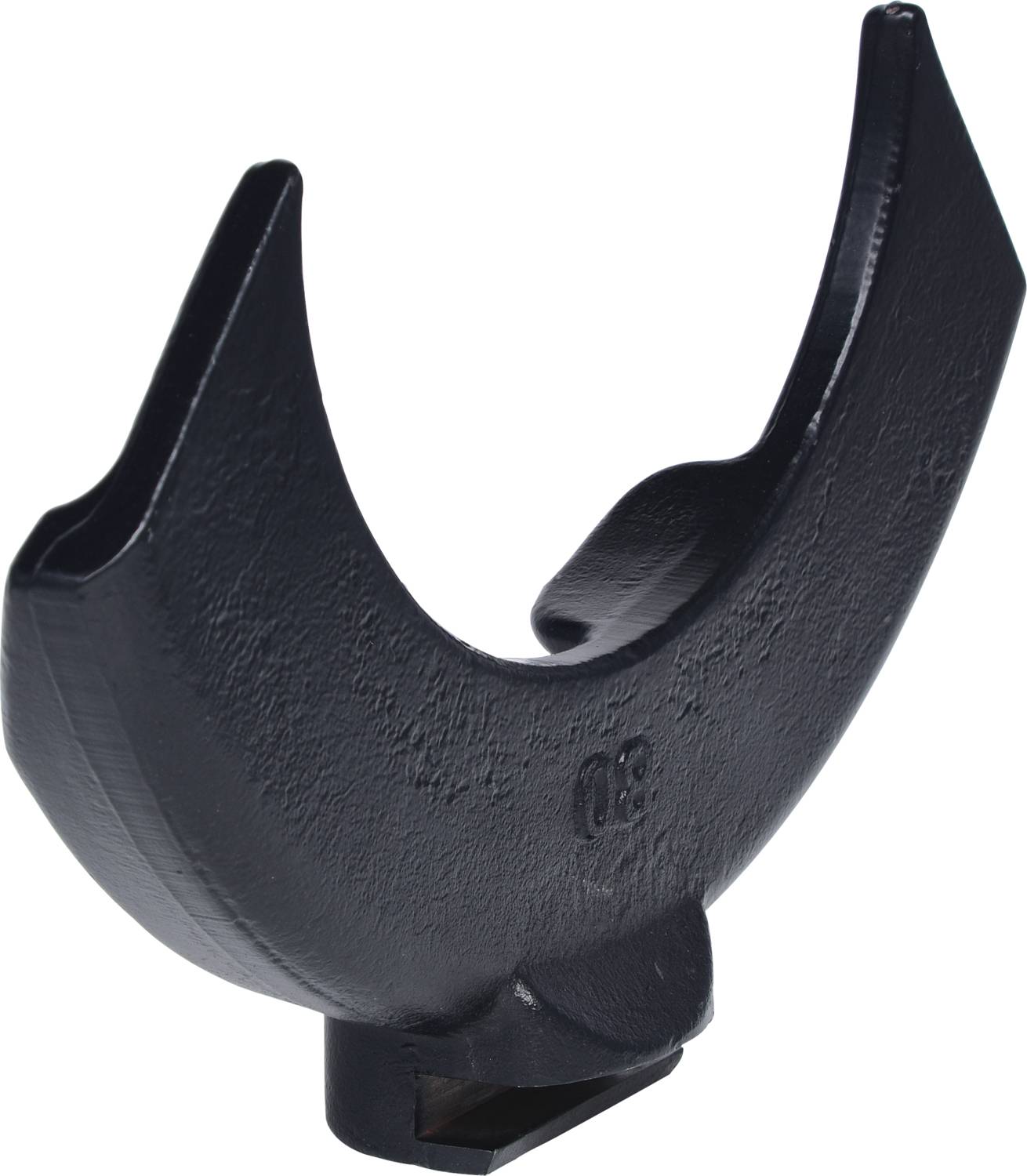 A black, massive metal anchor used as a spare part or accessory for agricultural machinery.