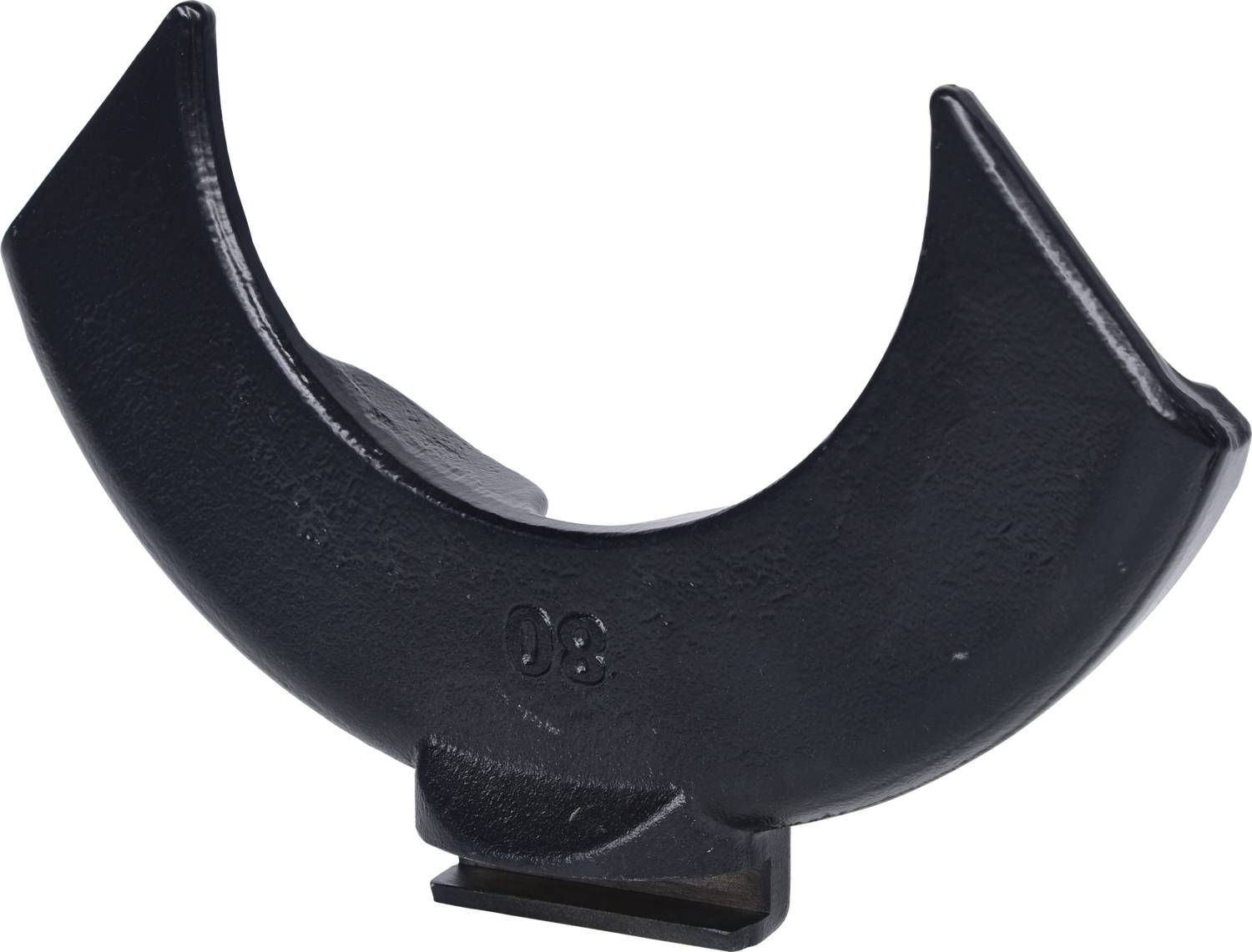 Black metallic U-shaped holder, possibly for pipes or rods, with the number '08' stamped on it.