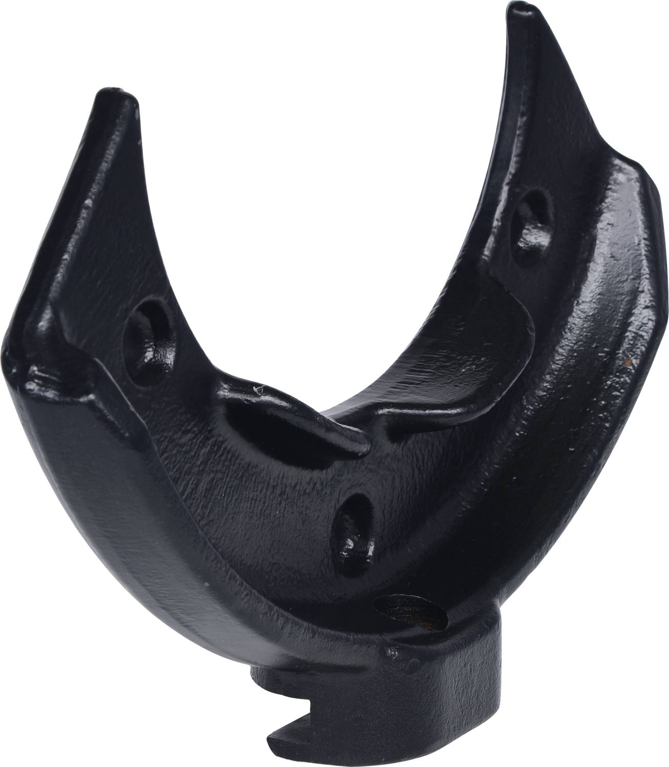 A black, curved metallic object with several holes, possibly a fastening element or part of a machine.