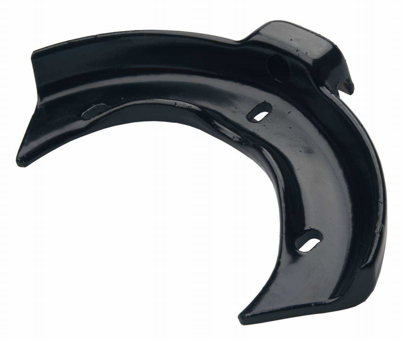 A black metal component in a curved shape with multiple holes, likely a mechanical part.