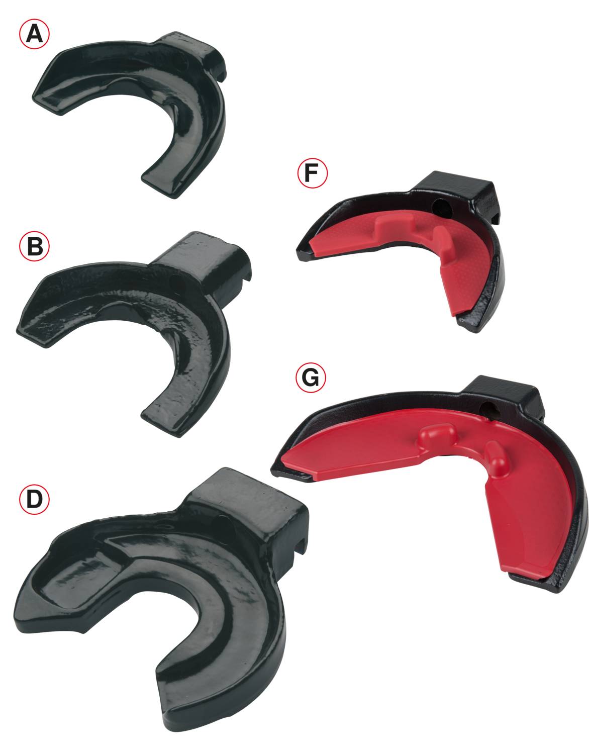 Several tools with U-shaped gripping arms, featuring red and black sections, marked with letters A, B, D, F, and G.