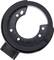 Circular black metal component with multiple holes and a protruding section, potentially a part of a machine mechanism.
