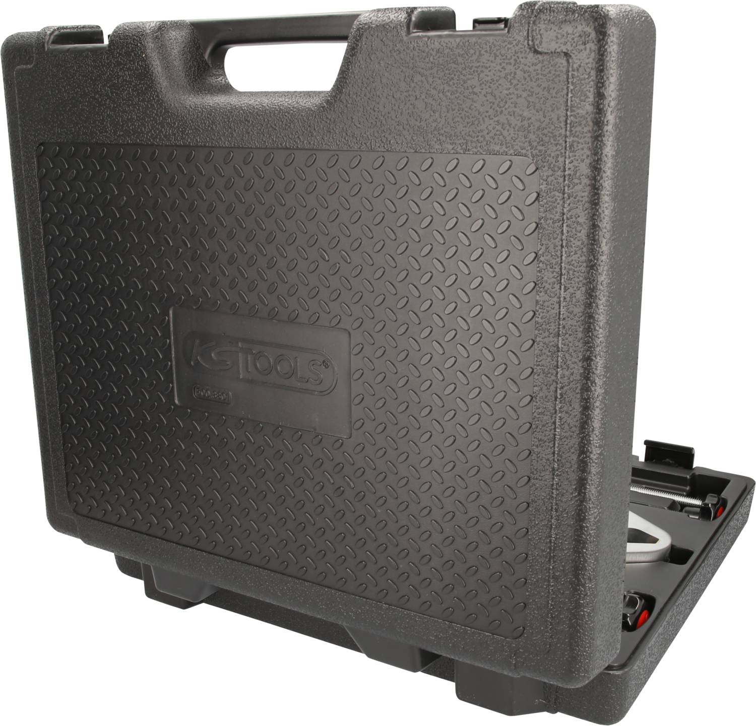 Black tool case with a textured pattern, slightly open. Brand logo and handle visible. Contains repair tools.