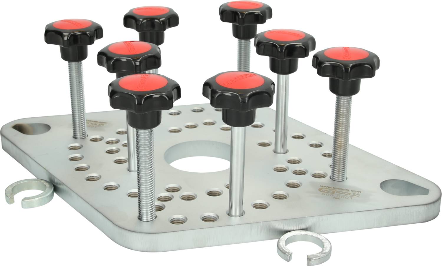 Metal plate with several adjustable screw clamps, some with red buttons. Used for fastening or positioning.