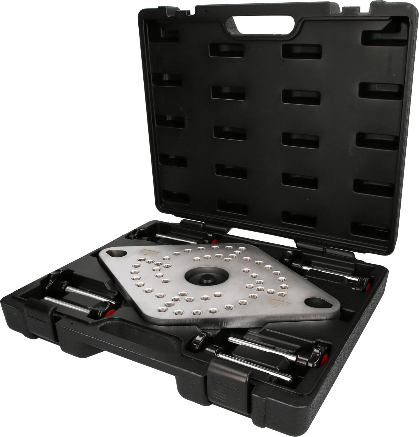 An open black suitcase contains a silver tool with a perforated pattern and four black wheels.