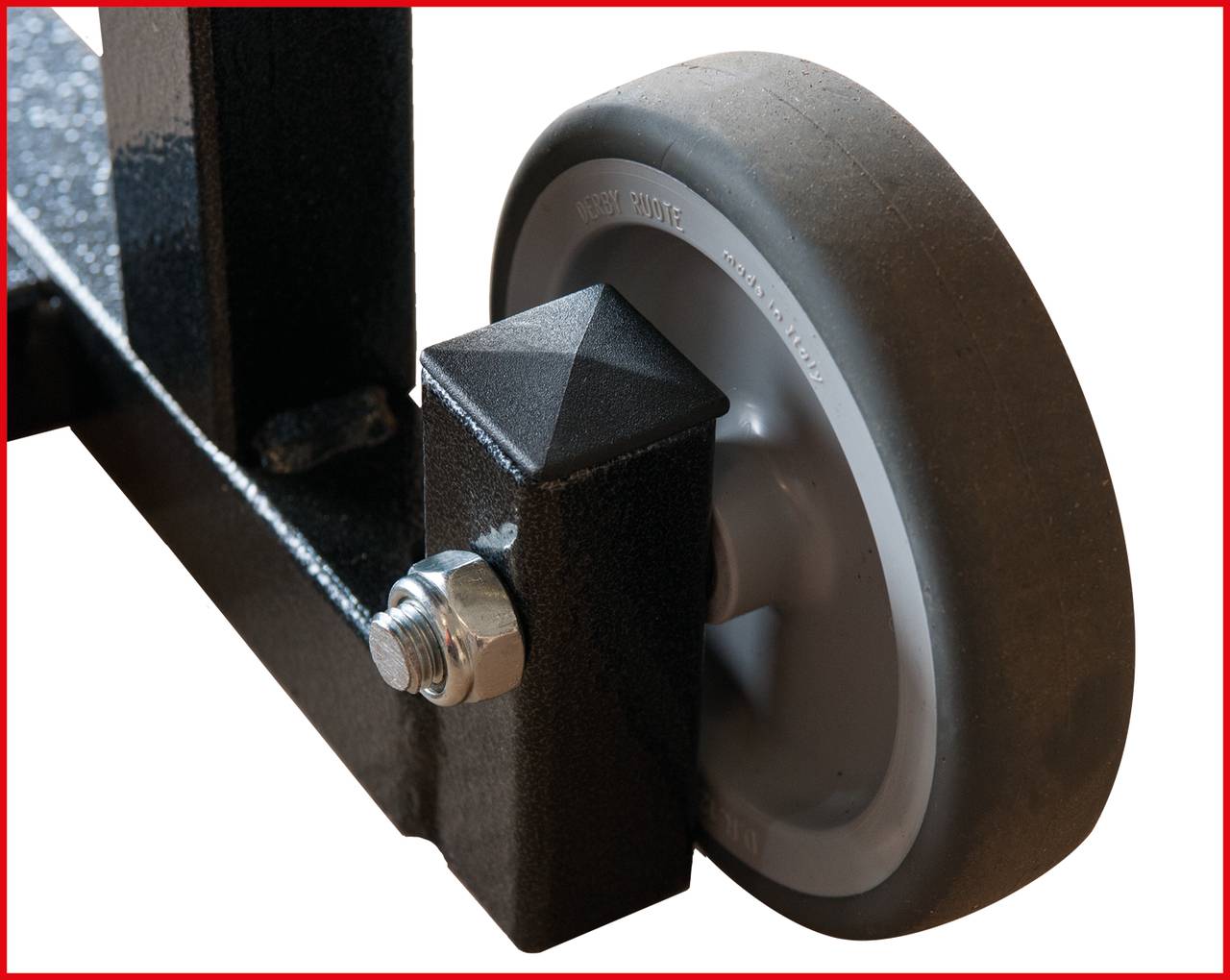 An image shows a robust wheel with a grey tyre on a black metal frame, secured by a large silver nut.