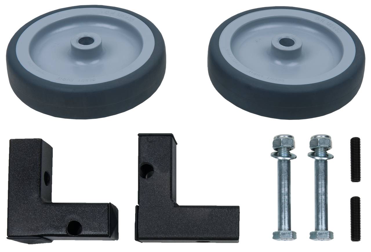 Two grey plastic wheels, two black L-shaped brackets, two bolts and screws. Components for assembling a device.