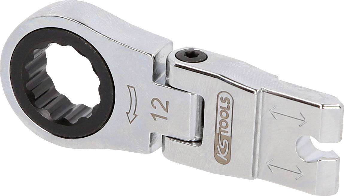 Silver K-Tools ratcheting wrench head with 12 mm marking and adjustable open end on white background