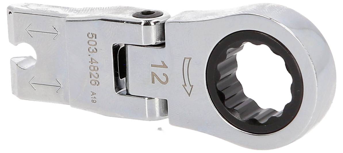 Close-up of a silver ratcheting box wrench head with a 12 mm marking and directional arrows.
