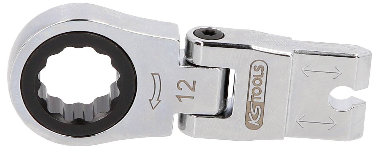 Close-up of a silver metal ratcheting wrench head with a circular grip and adjustable hinged jaw, labeled 'KS Tools'.