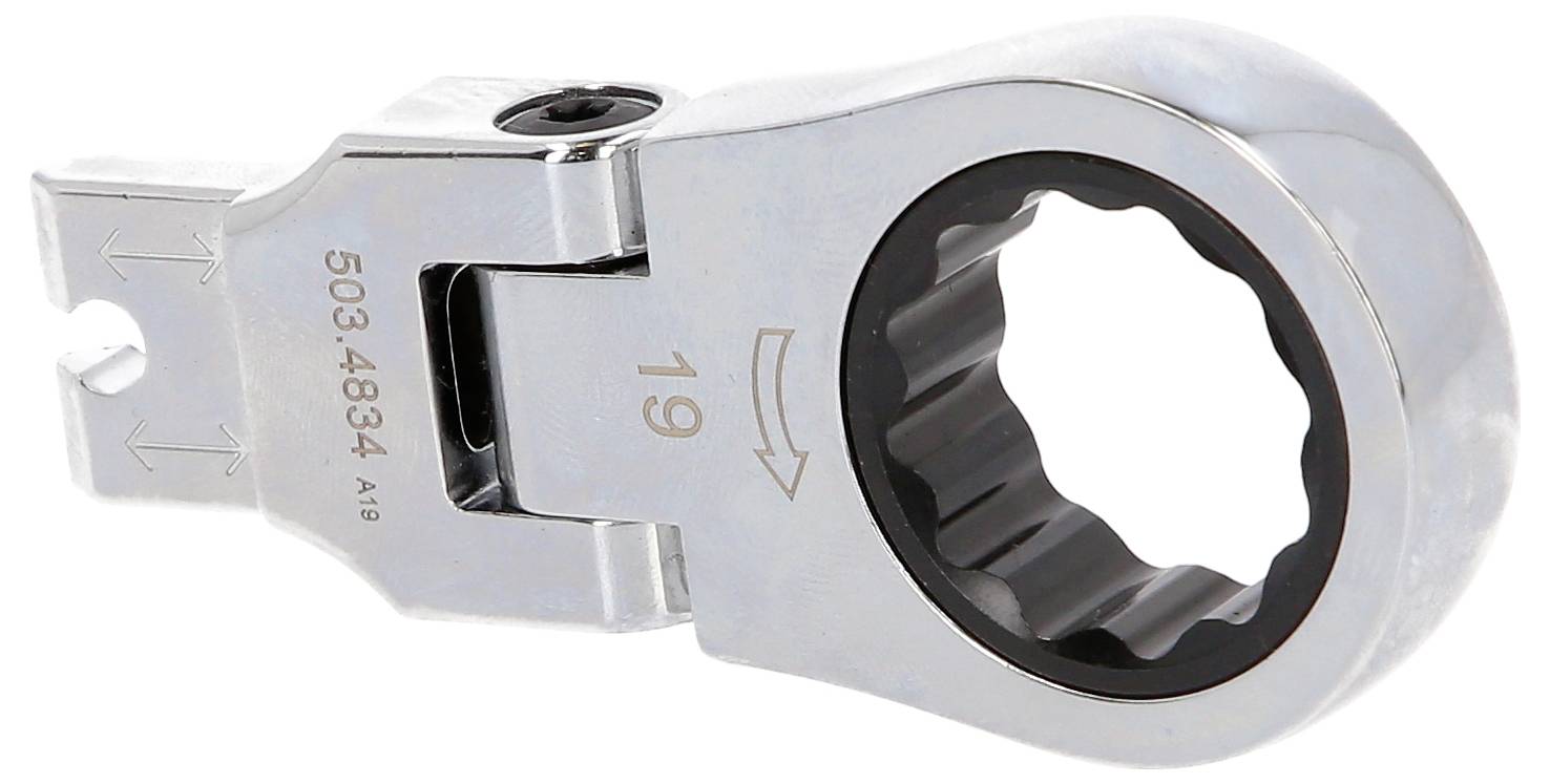 Metal ratcheting wrench head with a circular 12-point socket and directional arrow, shown on a white background.