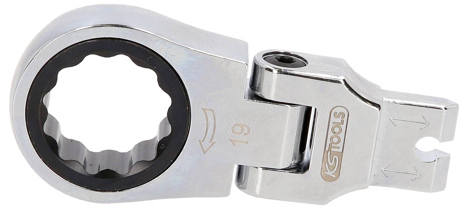 Close-up of a silver ratcheting box wrench head with a black inner ring, marked '19' and 'Tools', on a white background.