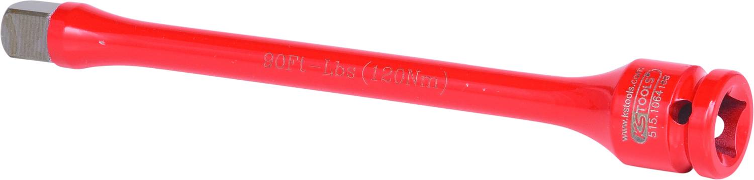 Red metal socket extension bar with hexagonal connection and engraved text, suitable for craft work.