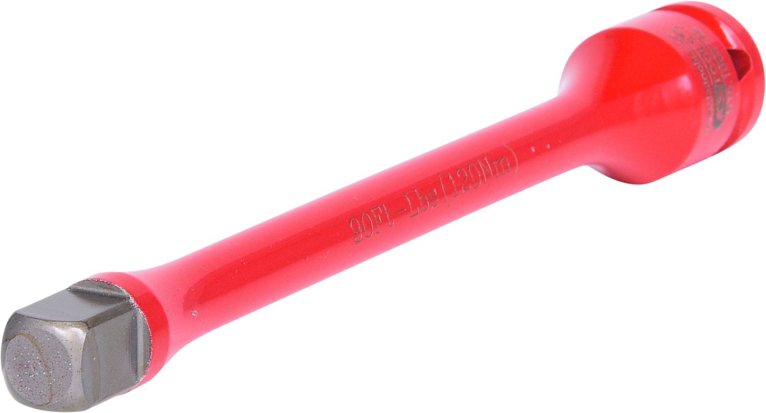 Red extension bar for impact driver with silver tip, used for removing stubborn fasteners.
