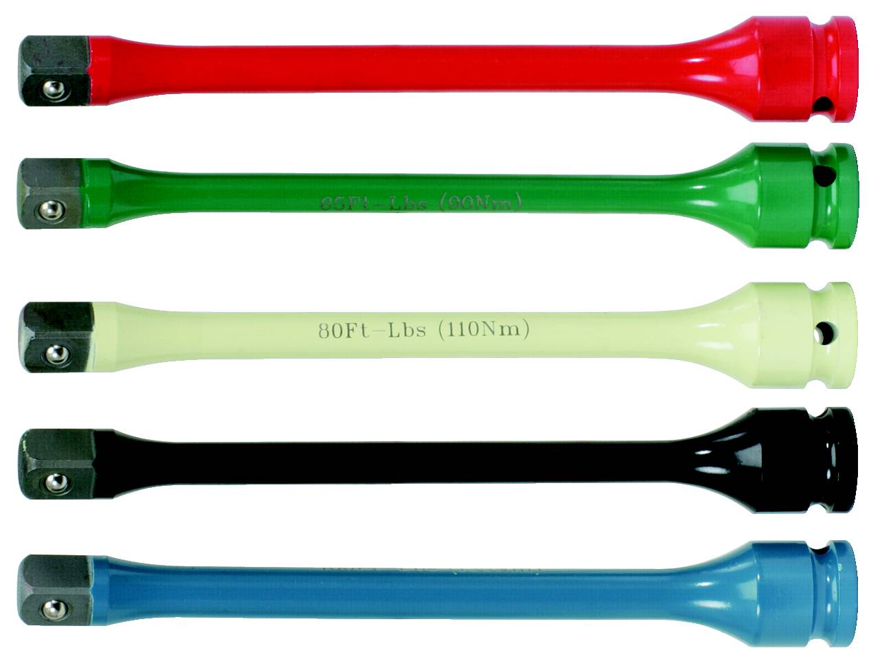 Five torque bars in different colours lined up in a row, each with distinct colour coding to indicate different load capacities.
