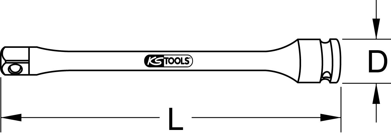 Illustration of a socket wrench extension bar with length dimension 'L' and diameter 'D'. Label 'KS TOOLS'.