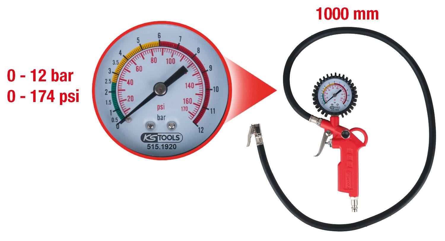 'Tyre pressure gauge with red casing and hose. Displays scales in bar and psi, 0-12 bar, 0-174 psi. Hose length: 1000 mm.'