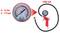 'Tyre pressure gauge with red casing and hose. Displays scales in bar and psi, 0-12 bar, 0-174 psi. Hose length: 1000 mm.'
